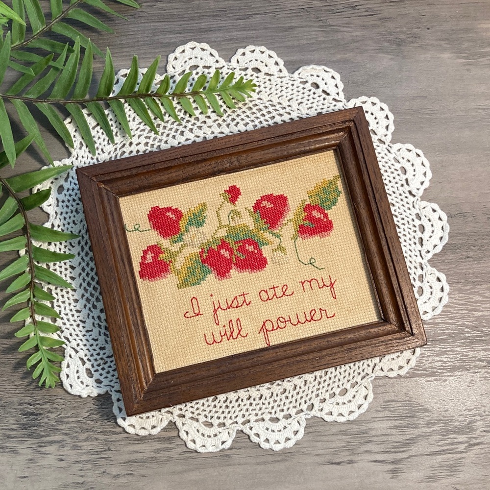Vintage Framed Strawberries Cross Stitch Art